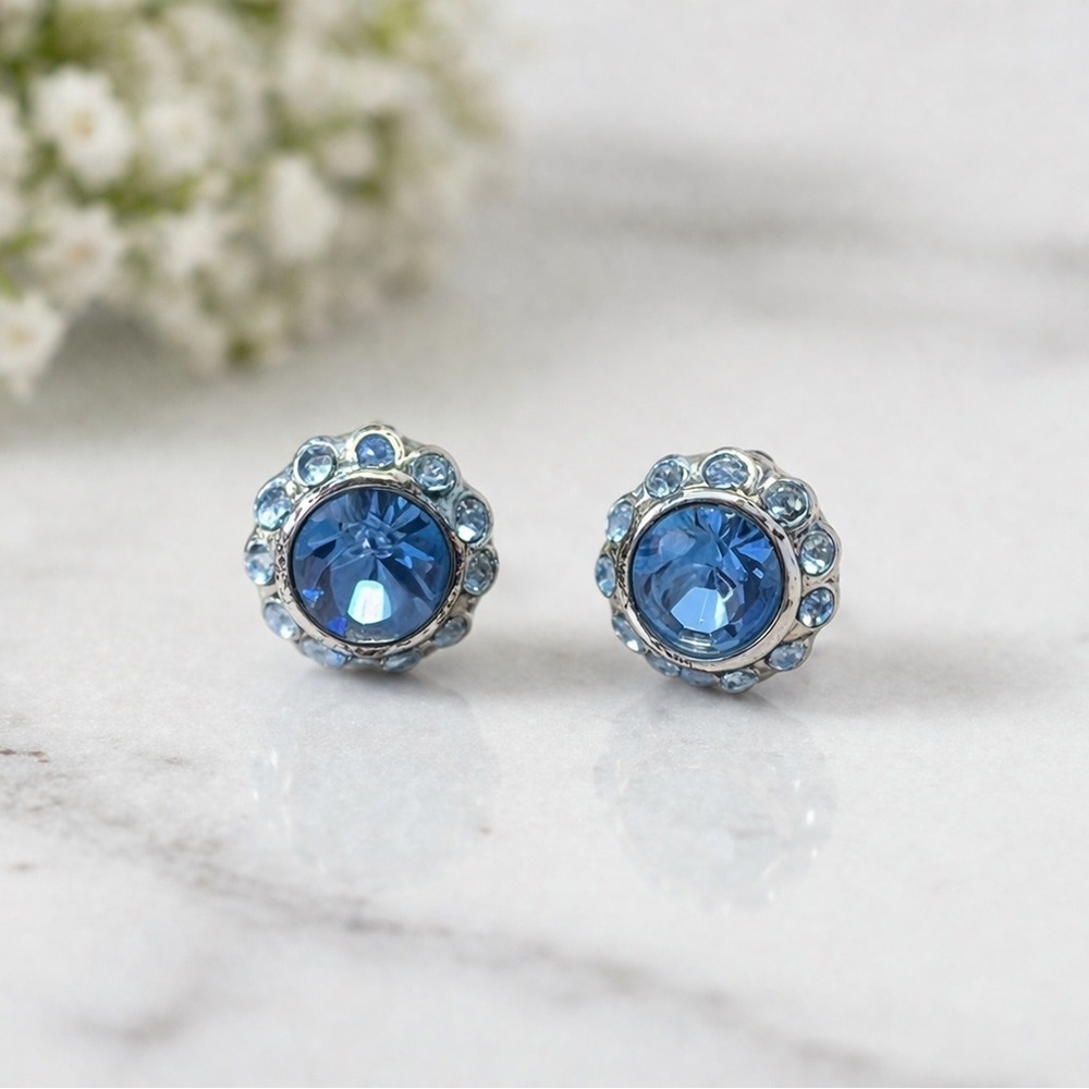 Blue Crystal Halo Stud Earrings - Unknown Brand